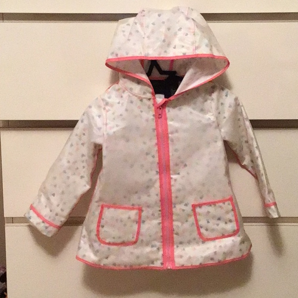 Girls heart print hooded jacket in white with pink trim